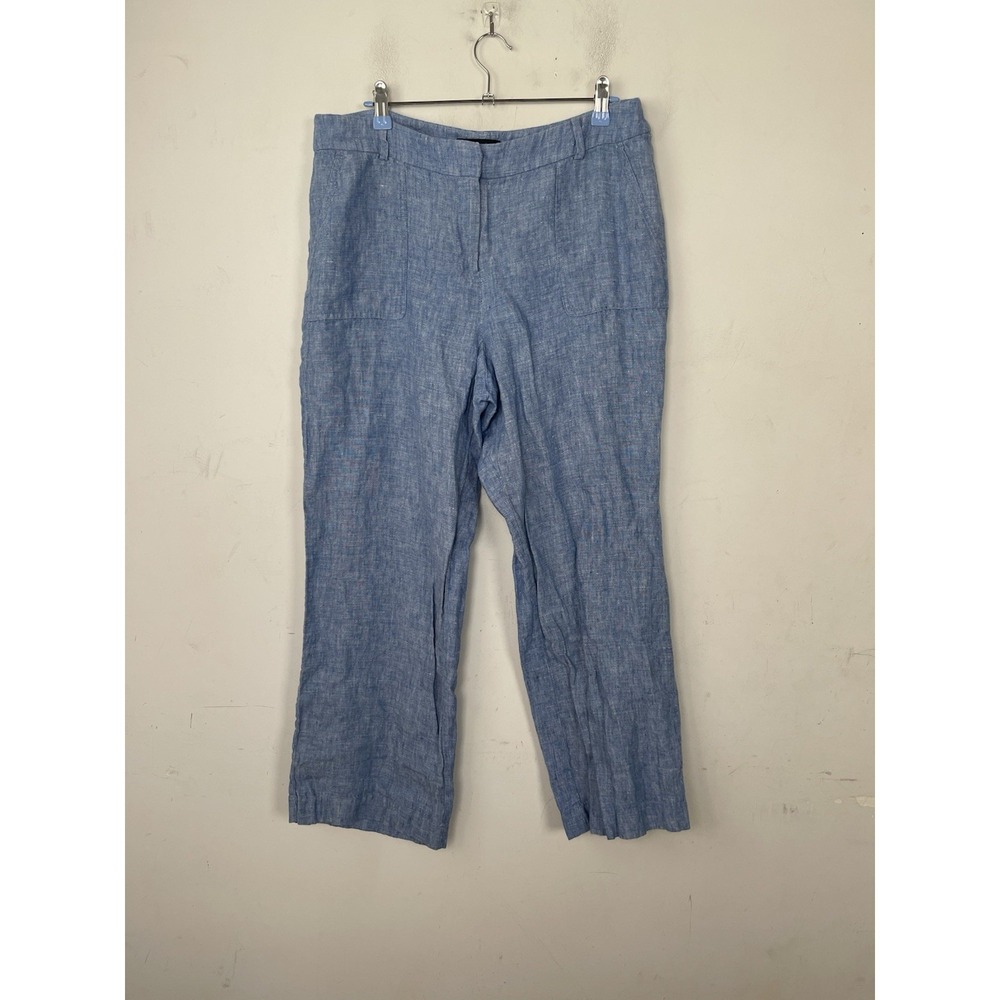 Talbots Womens Pants 12 Petite Blue Linen Beachy Coastal Straight Travel Resort